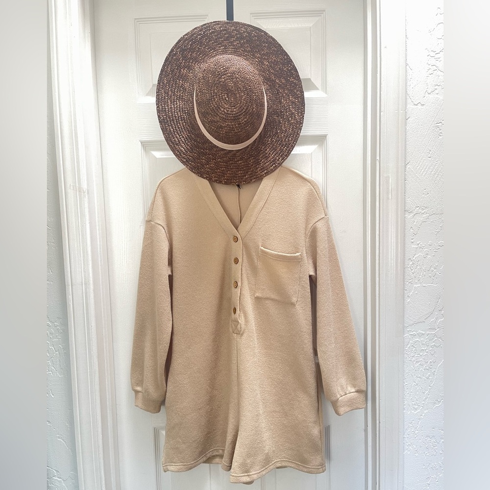 Beige Button-Up Women's Romper (Hat not included)